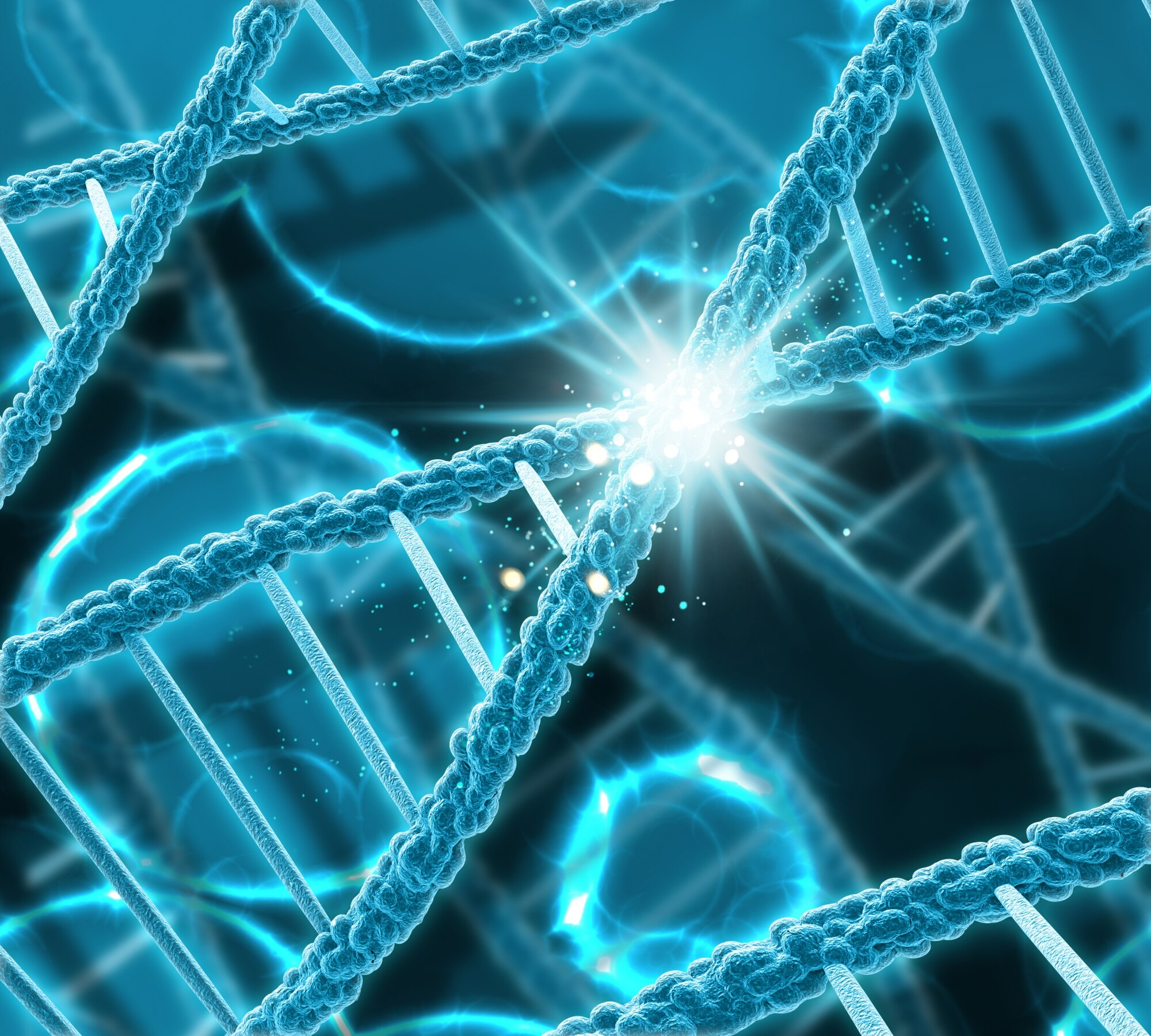 DNA strand with burst of light in the middle 